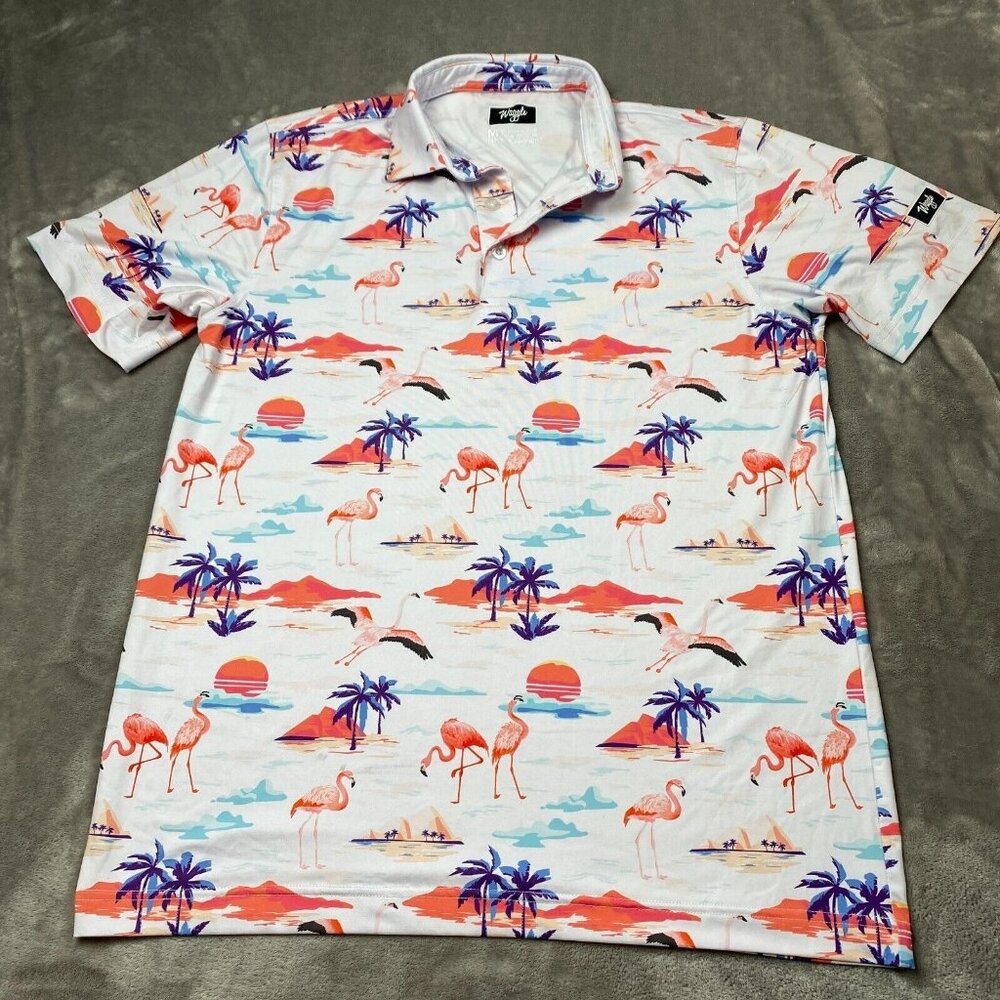 Waggle Polo Shirt Men's Medium White Flamingo Tree Print Polyester Stretch Beach
